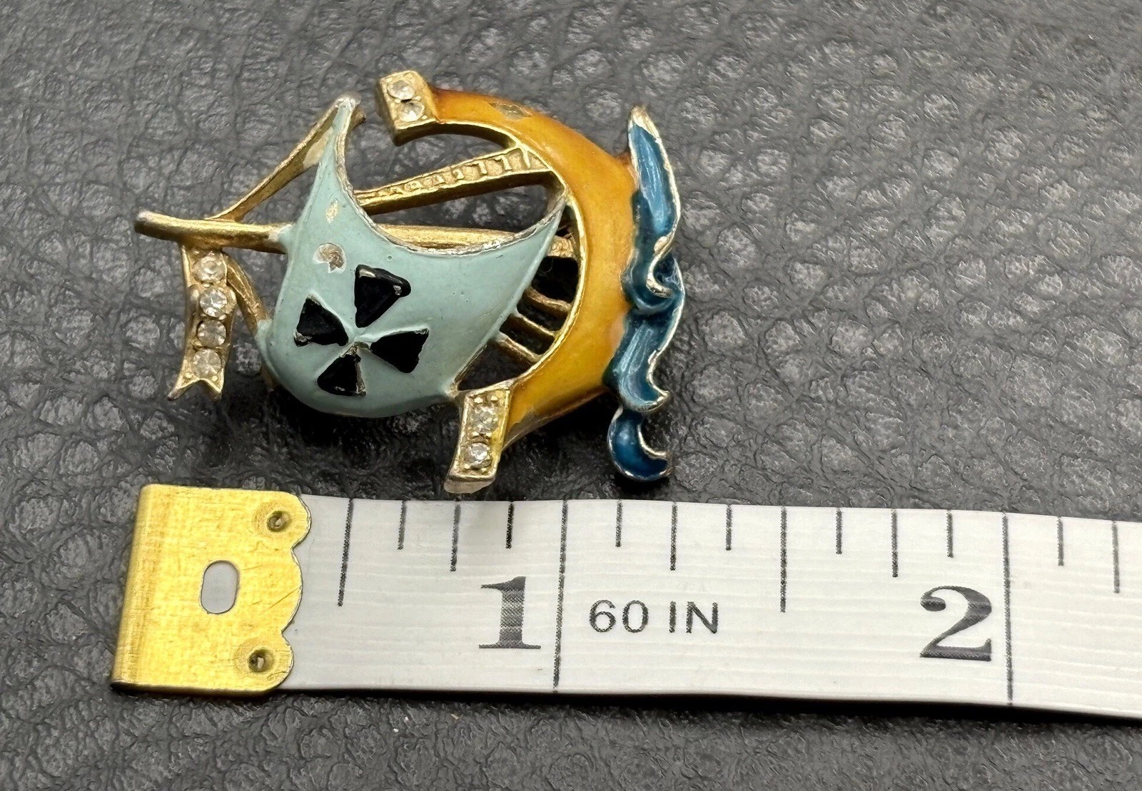 Vintage Silver Tone Enamel Viking Ship Sailboat Rhinestone Brooch Pin