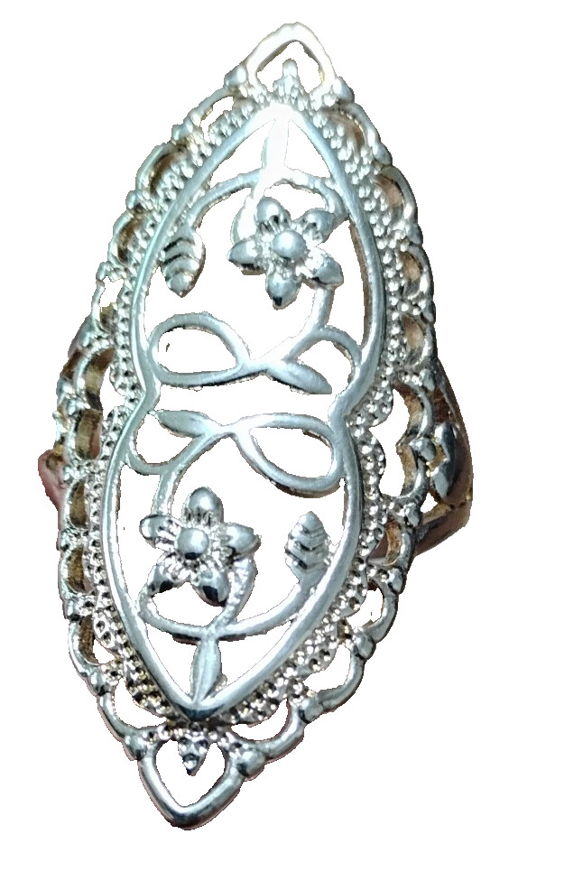 Vintage 1980’s 925 Sterling Silver Flower and Hearts Scrollwork Elongated Ring