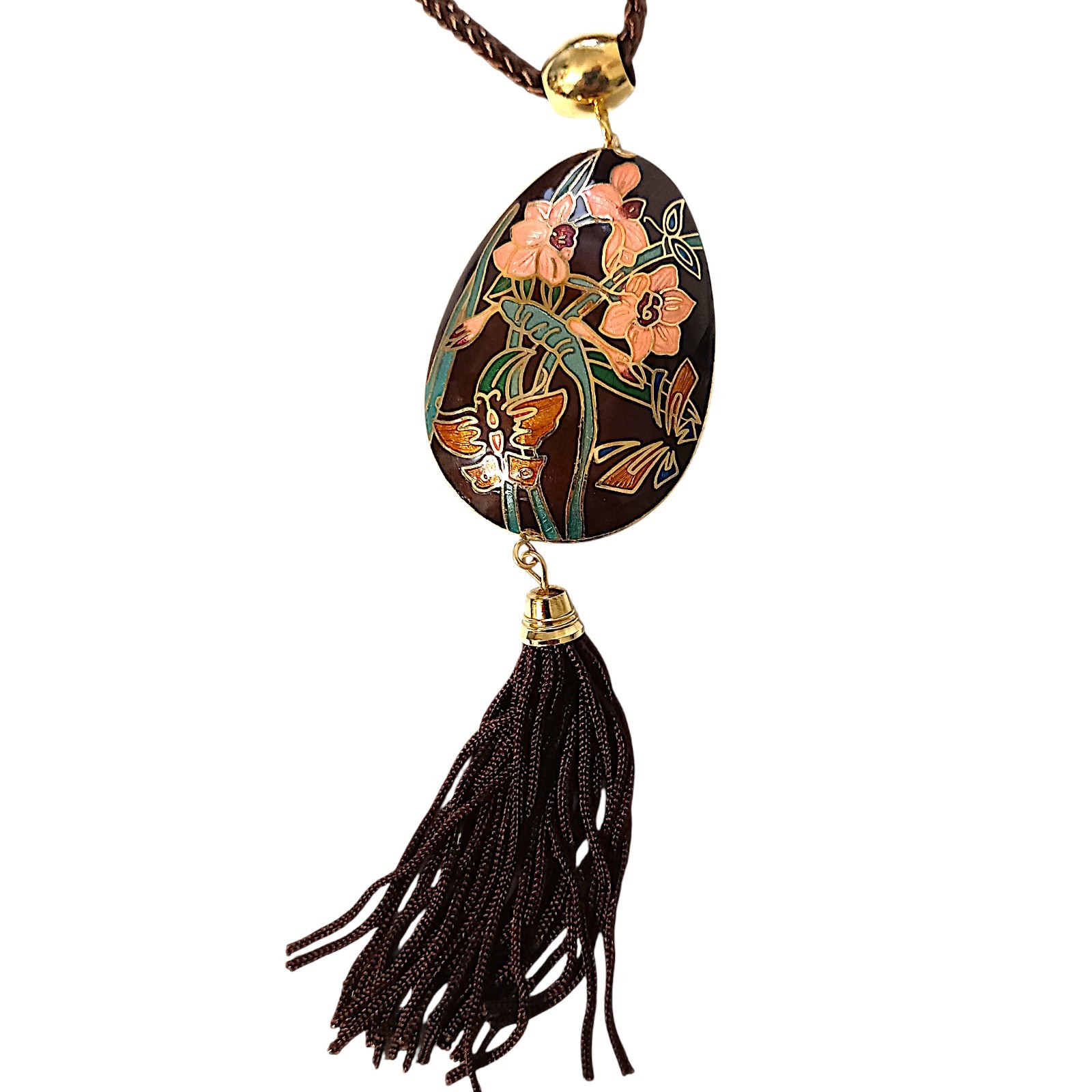Vtg Butterfly Cloisonne Necklace 70s Pendant Tassel Woven Cord Brown Dual Sided