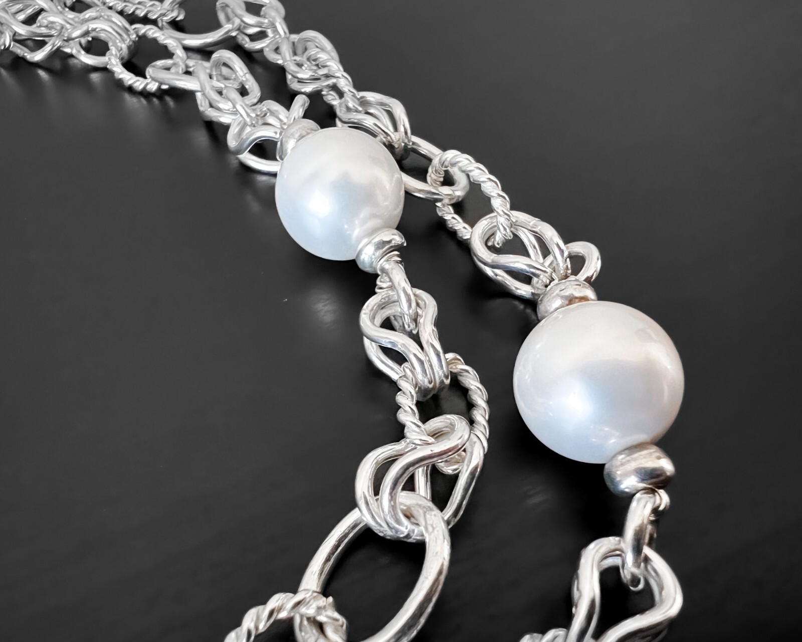 109g Heavy Double Link Twisted Cable Design Sterling Vtg Faux Pearl Necklace