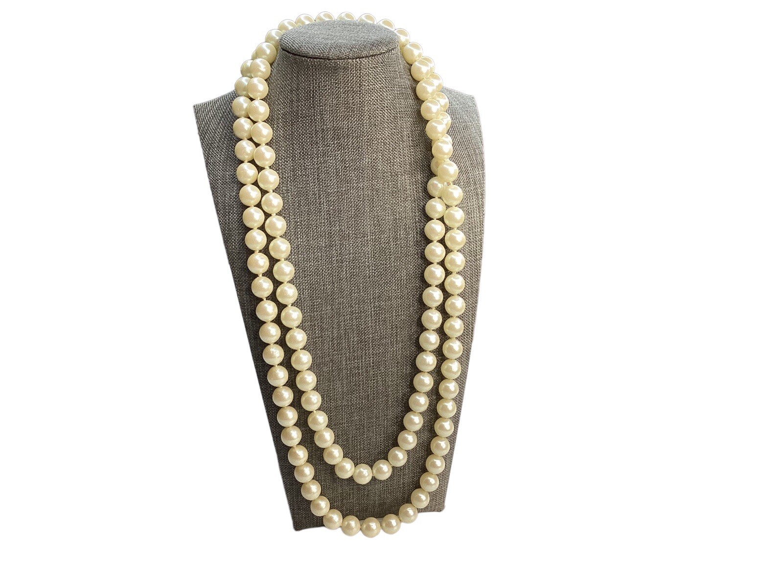 Vtg Classic Hand Knotted Faux 1cm Pearls Long Necklace 50″ Flapper Style