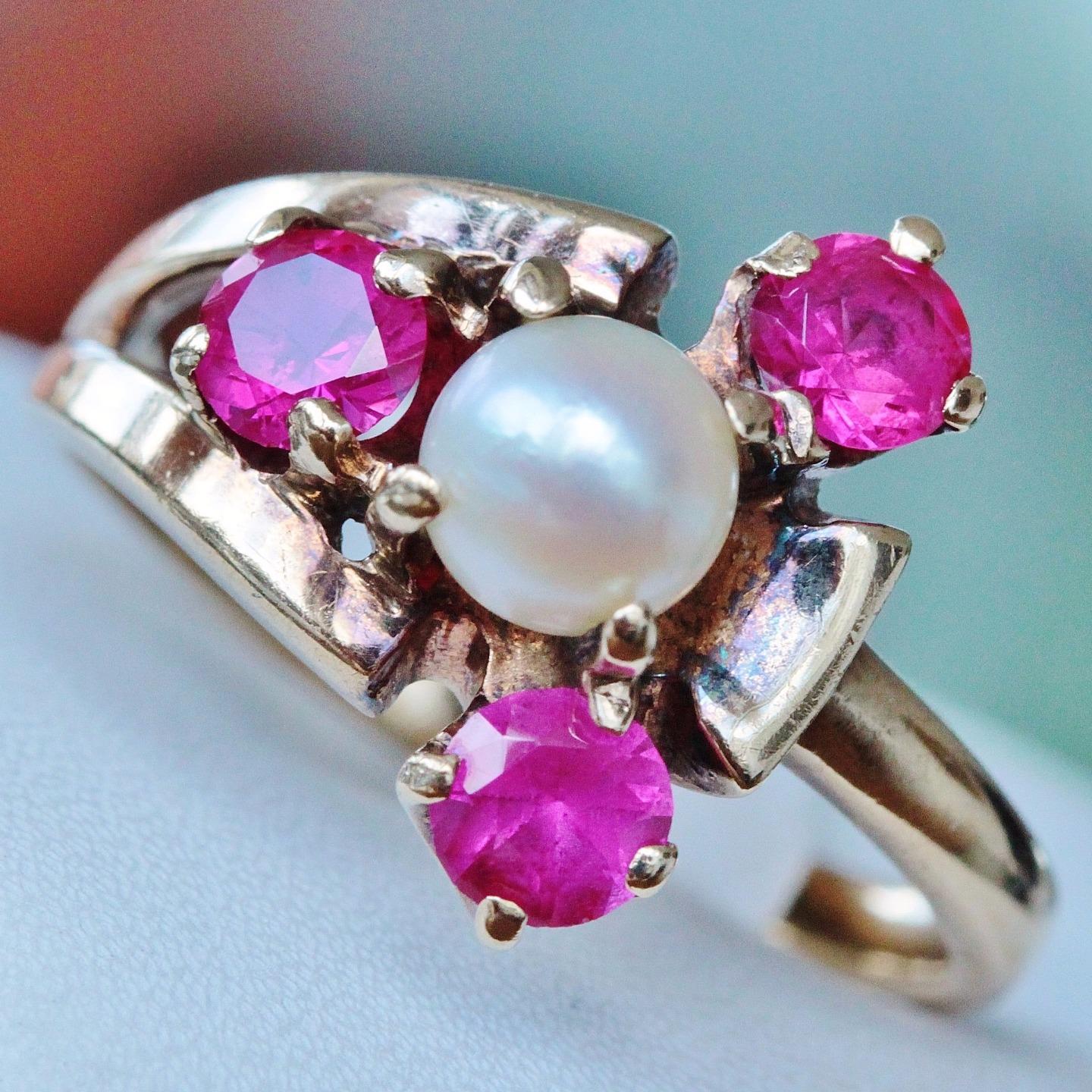 10k yellow gold ring 5.3mm cultured pearl & lab ruby size 7.75 handmade 3.5g