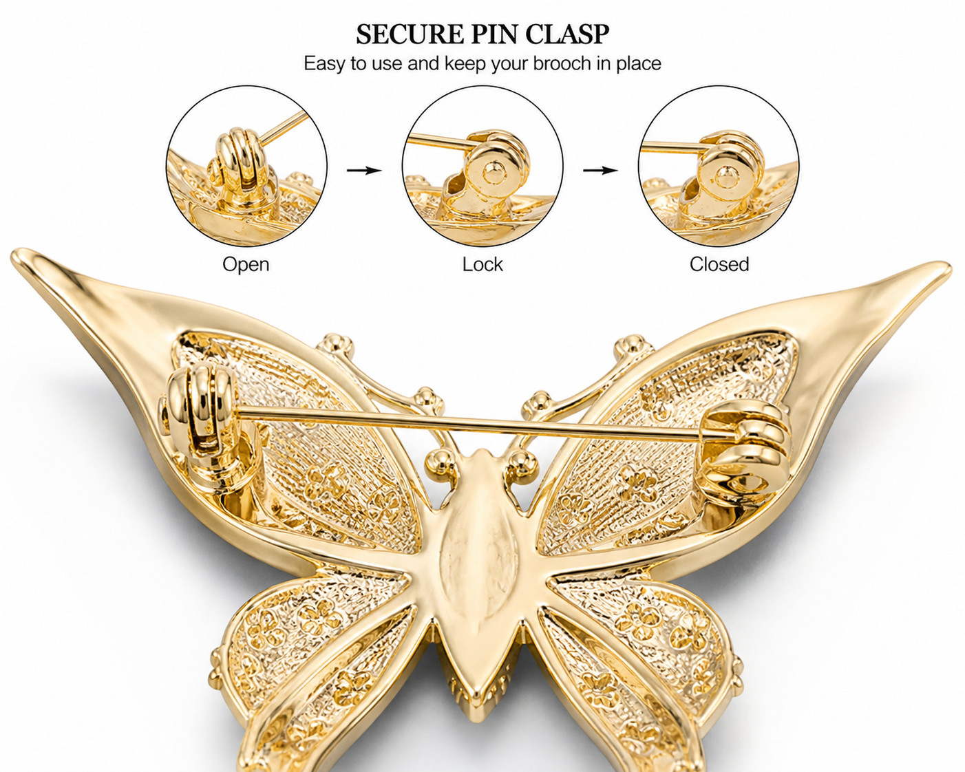 Black Enamel Butterfly Brooch Gold Tone Rhinestone Crystal Pin Vintage-Inspired