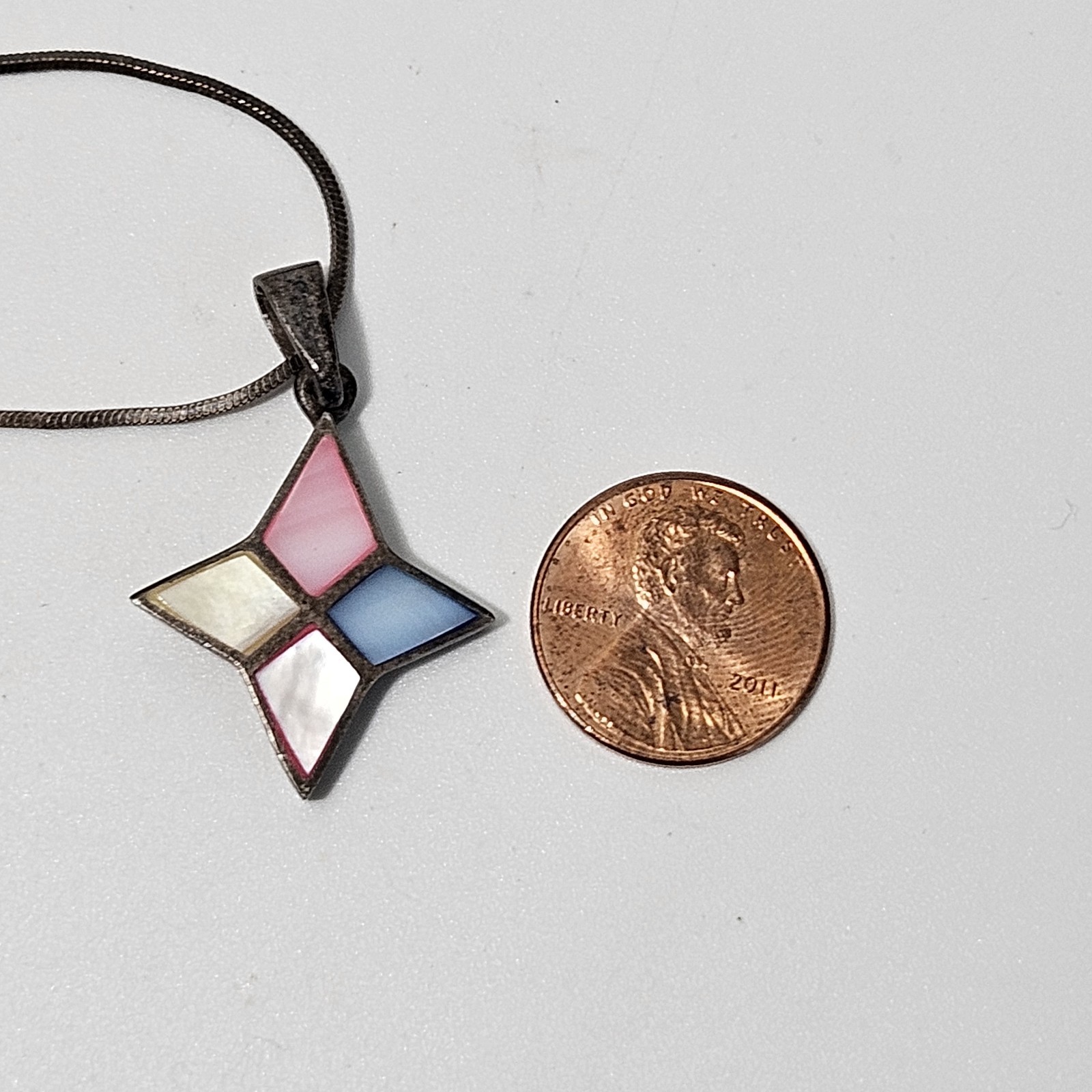 Vintage Sterling Silver Multi-Color Mother of Pearl Pendant Pastel Mosaic 19″