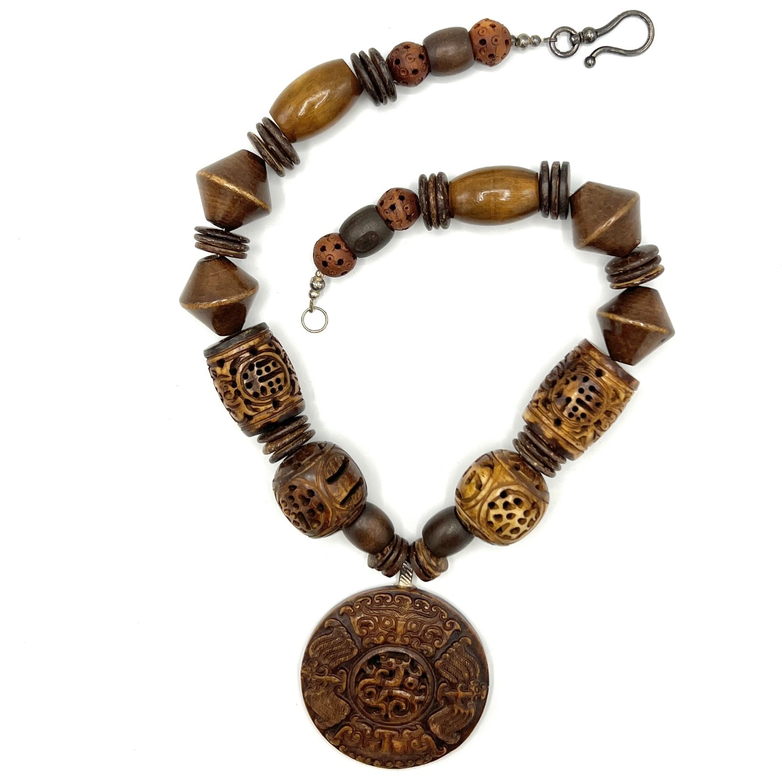 Chunky Vtg Artisan Carved Wood Bead Necklace-Asian Style Ceramic Medal Pendant