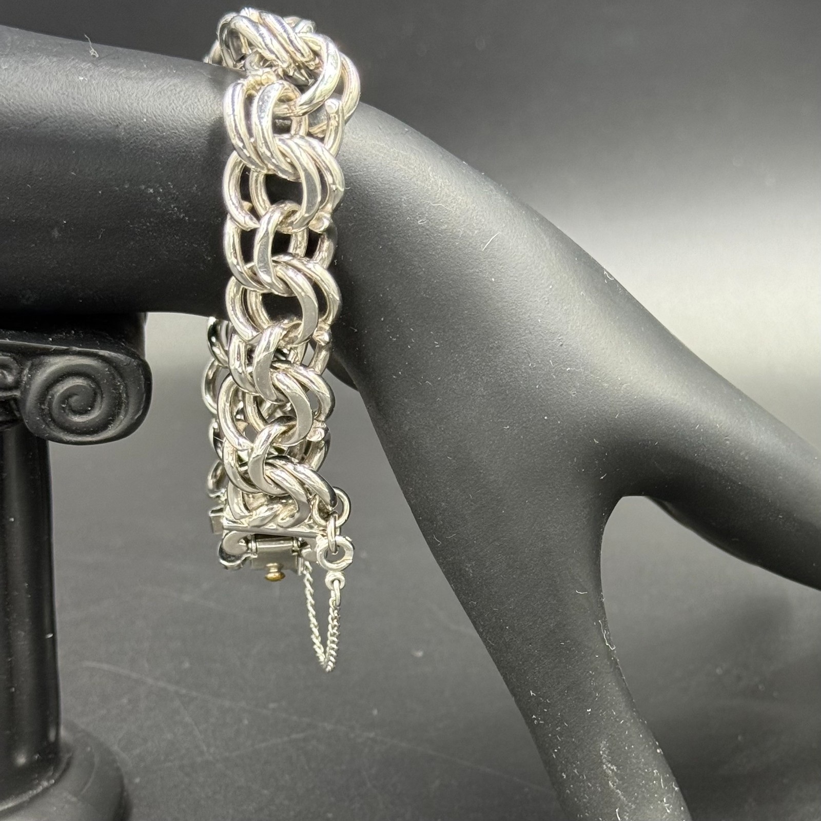 Monet Vintage Silver Tone Chunky Double Link Bracelet 7″ Heavy 49g Safety Chain