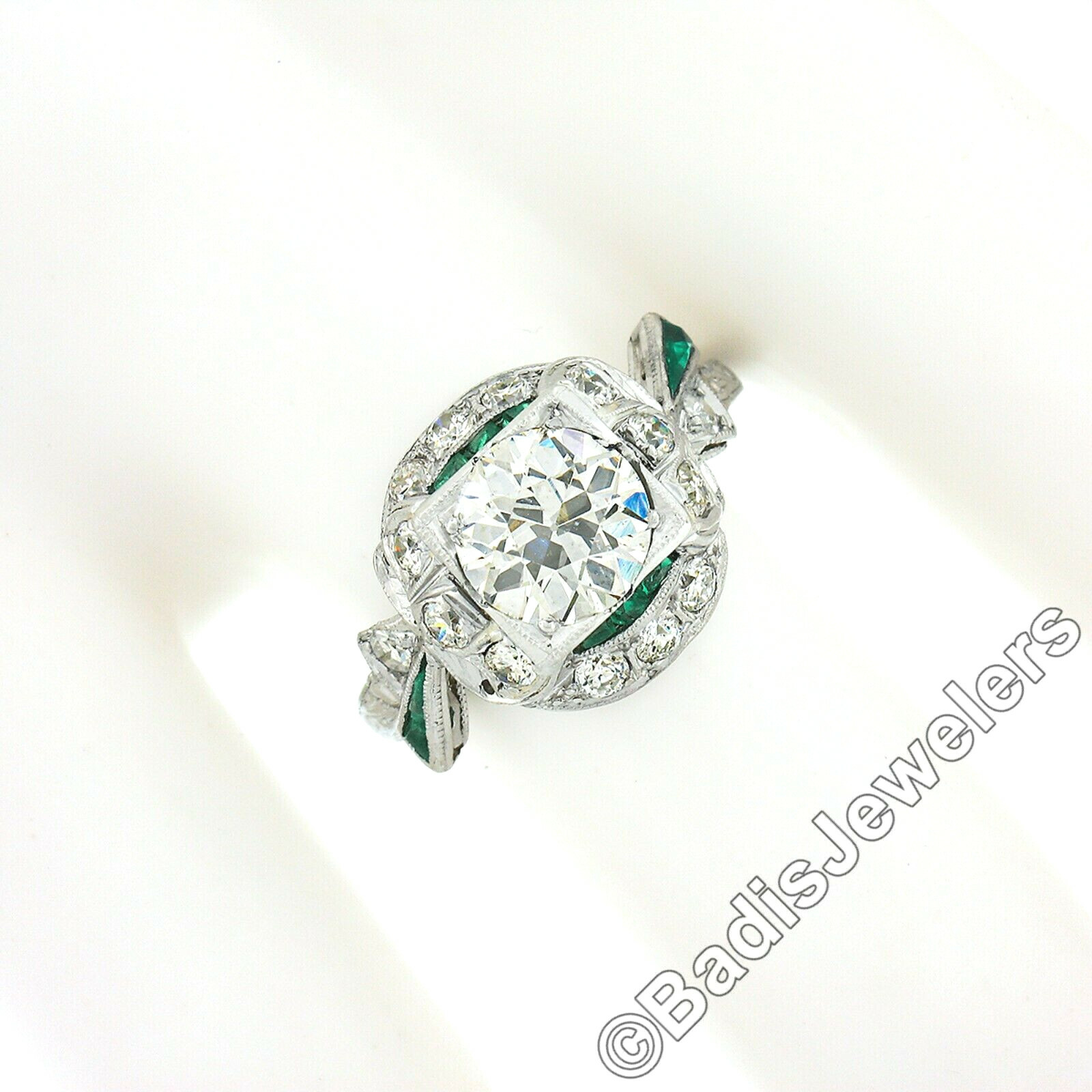 Antique Art Deco Platinum Old European Diamond & Emerald Ribbon Engagement Ring
