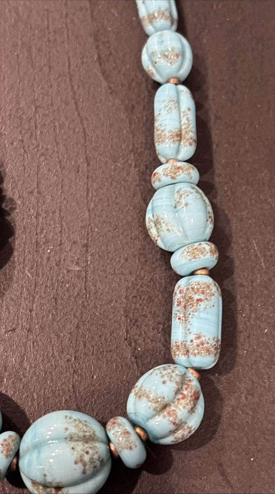 Antique Faux Turquoise Slag Glass Bead Beaded 16 1/2″ Necklace Textured Beads