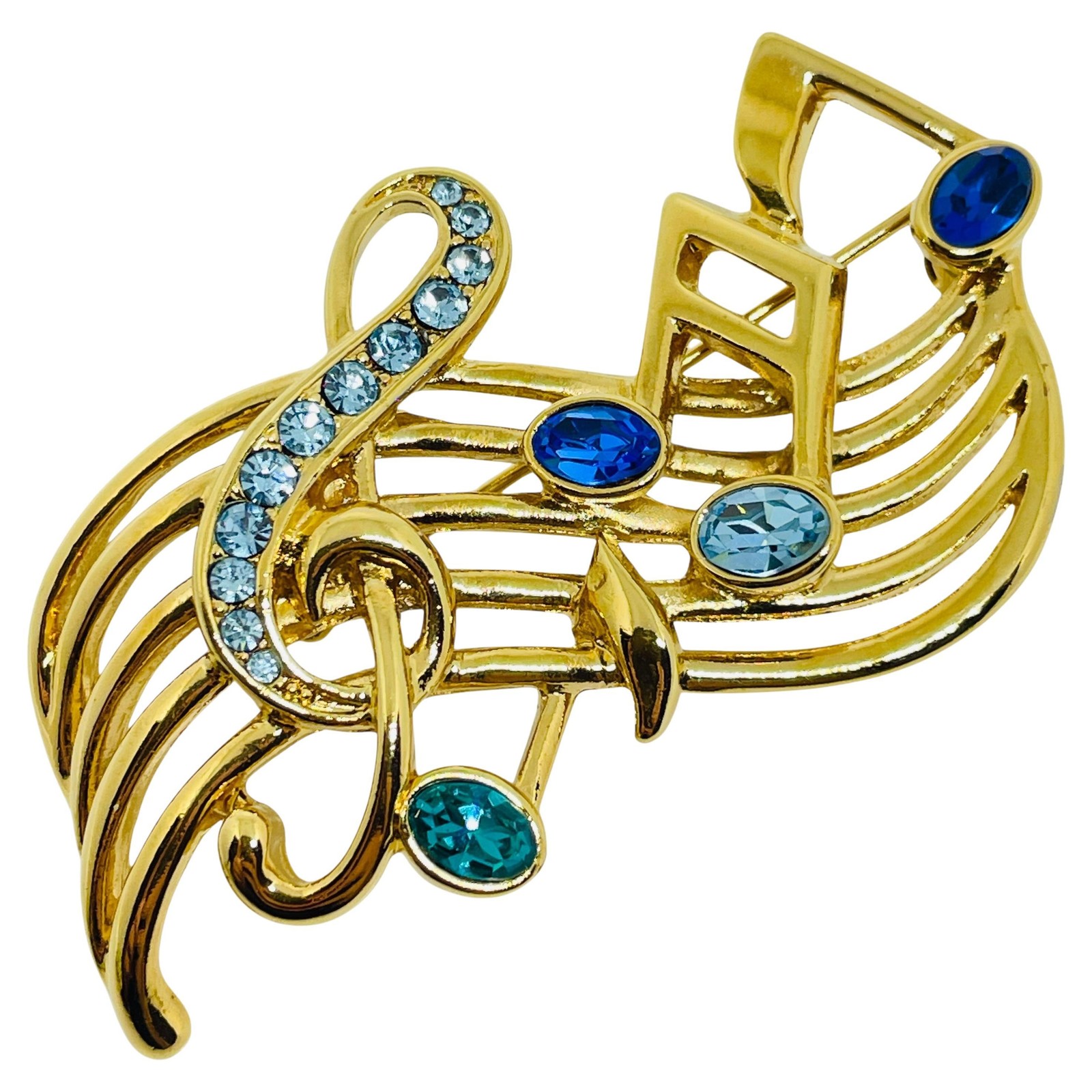 TRIFARI signed vintage gold tone rhinestone musical notes designer brooch