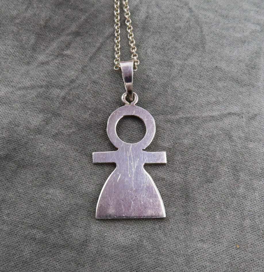 Vintage Sterling Silver Necklace Person Pendant 20 inch Chain Modernist 515a