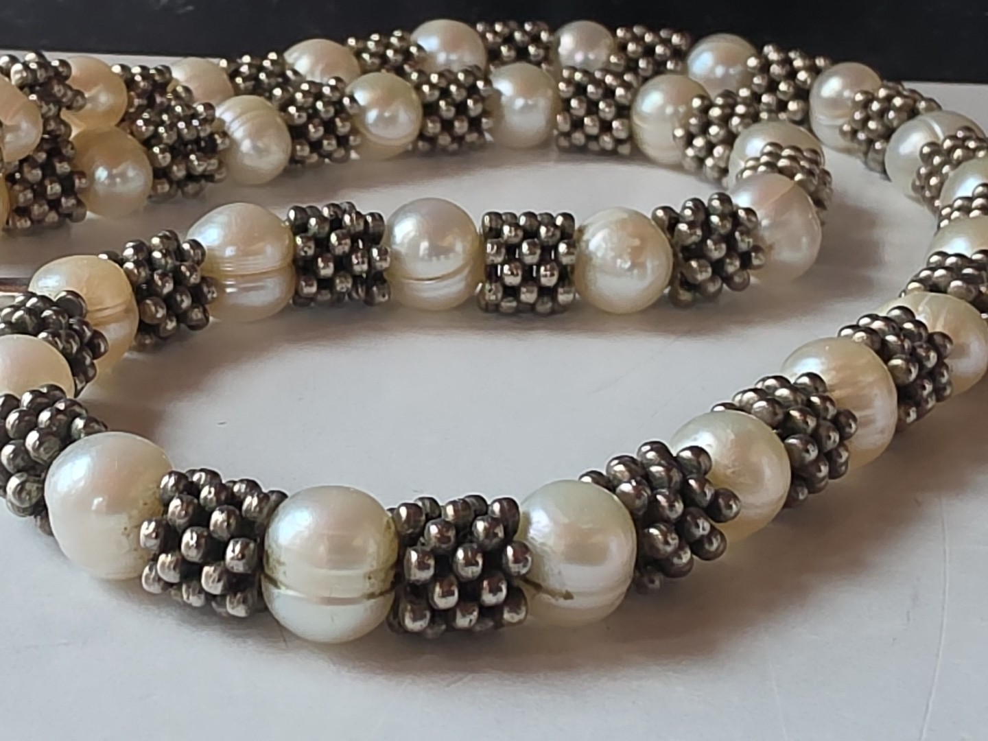 Real Pearl Silver Tone Metal Beaded Necklace Toggle Closure Vintage
