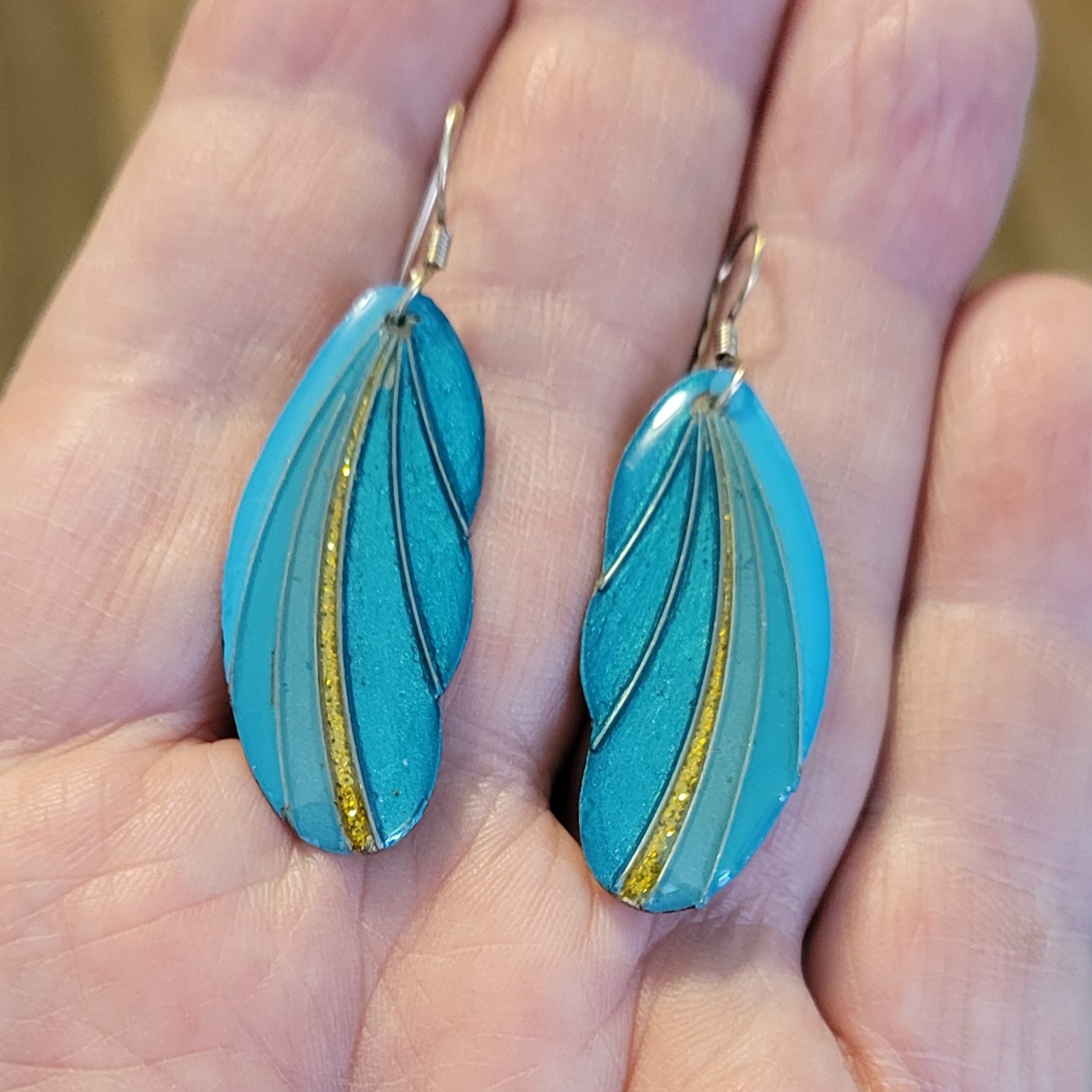 Vintage Gold And Lacquered Blue Handmade Earrings And Pendant Set Signed L.TT