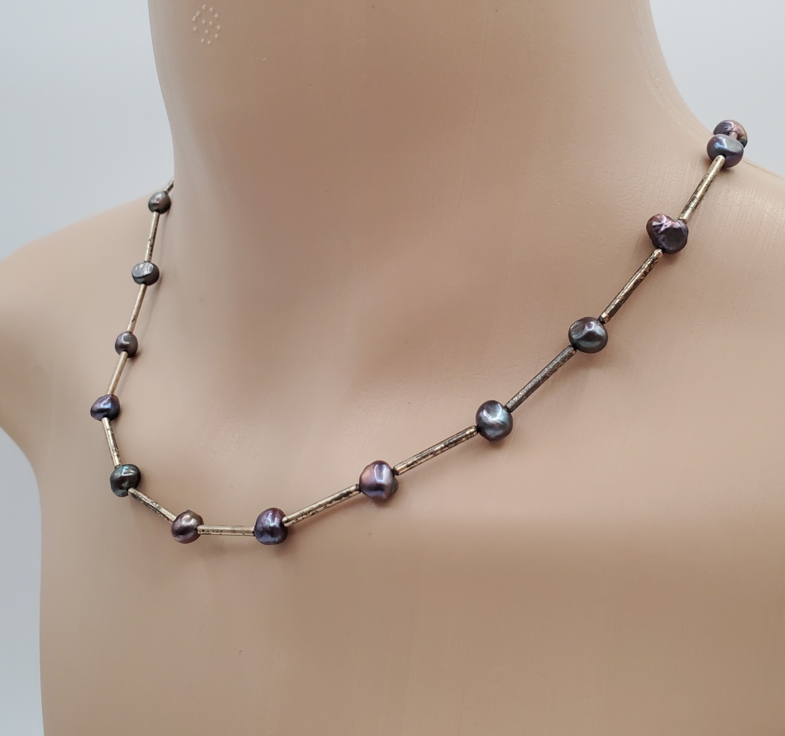 VTG 925 Peacock Pearl Necklace 16in Sterling Silver Bar Links 7g Gray Station