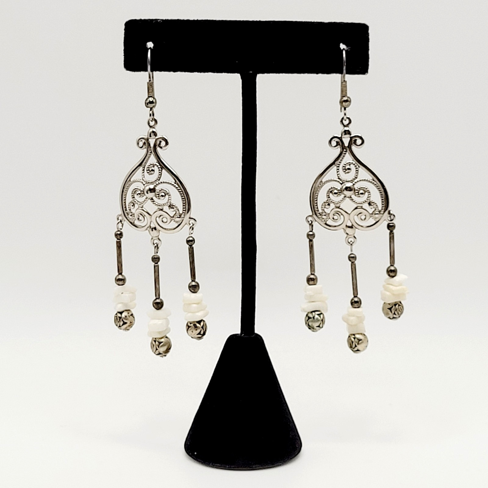 Southwestern Style Chandelier Silver Tone White Howlite Bead Pierced Earrings