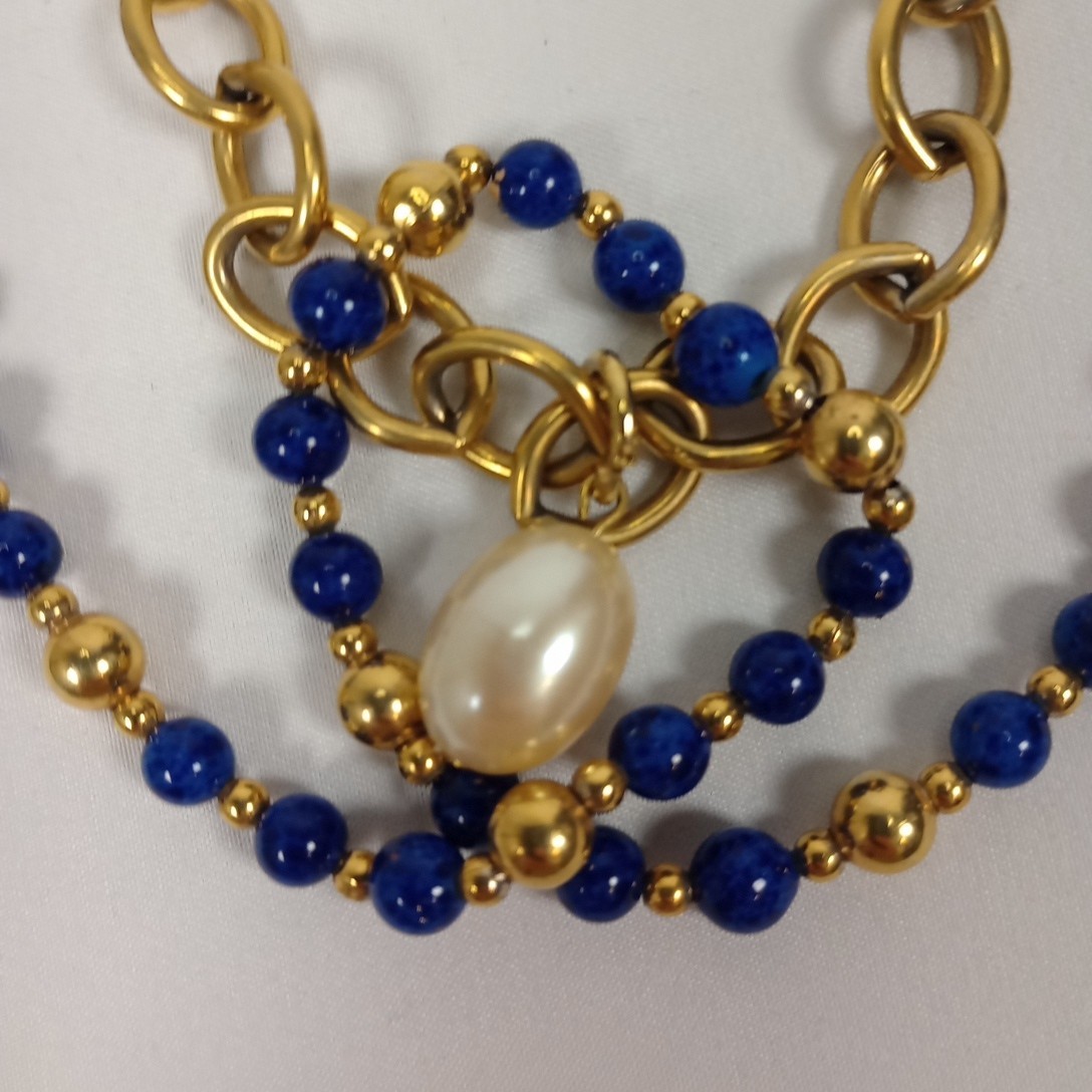 Vintage Convertible Blue Beaded Gold Tone Necklace Faux Pearl Drop 34″