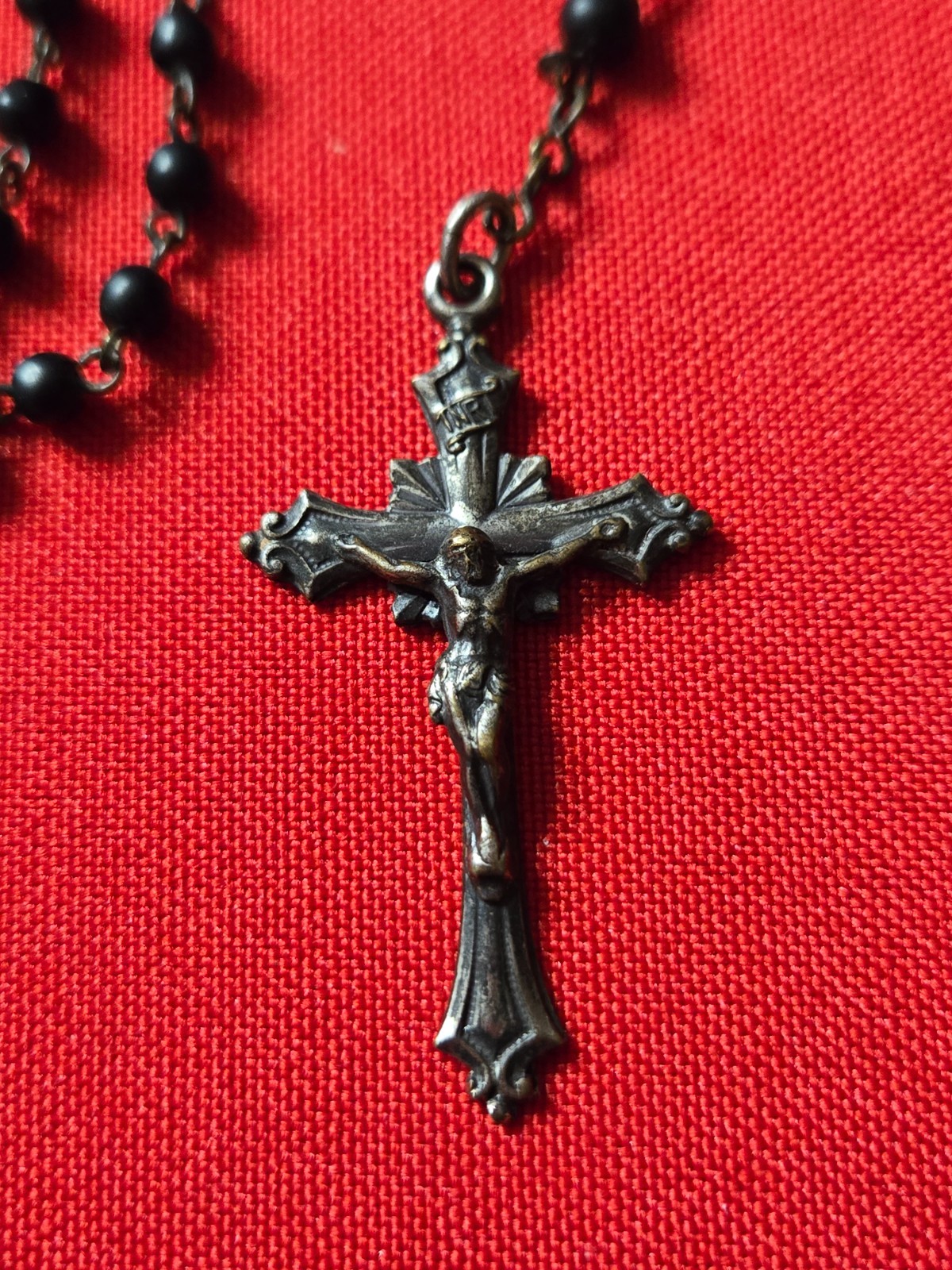 Vintage Catholic Rosary Necklace w/ Black Beads – 19″ Chain – Read