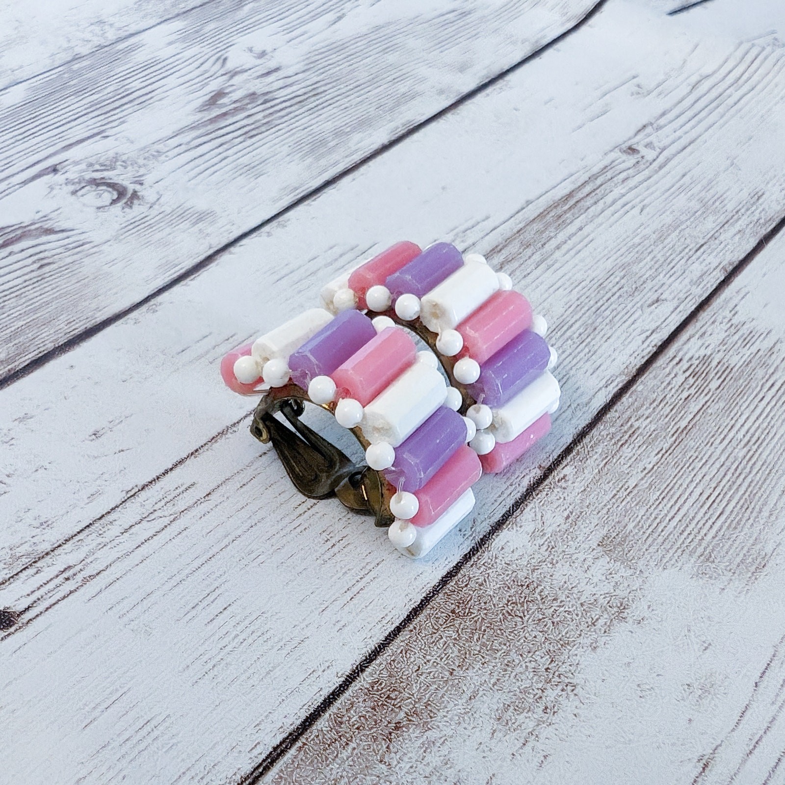 Vintage Clip On Earrings White, Purple, Pink Large Chunky Half Hoops