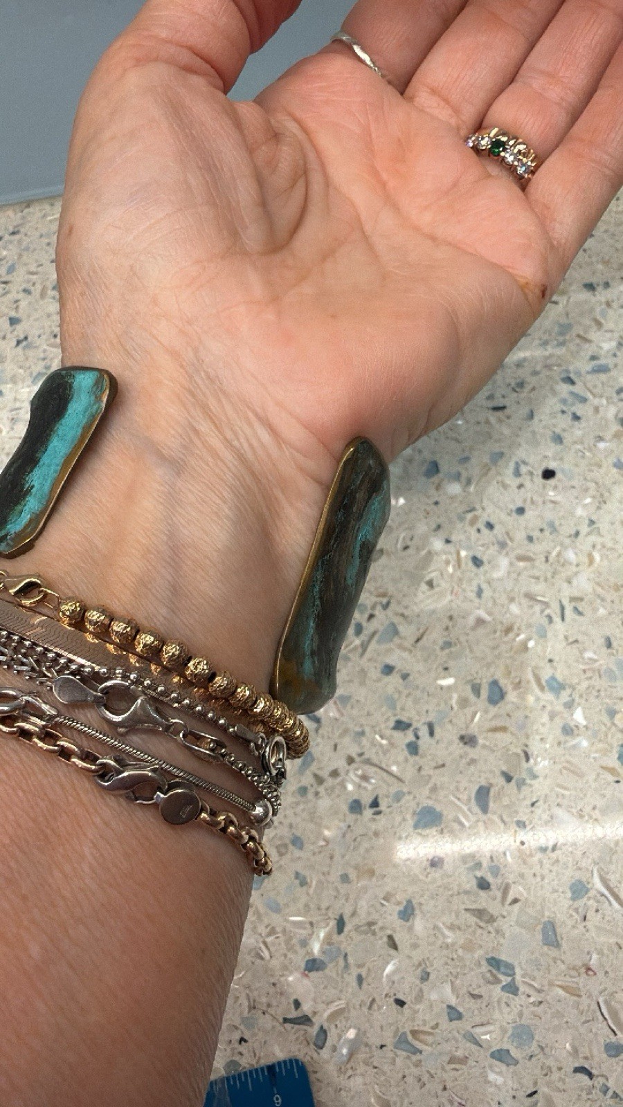 MODERNIST Cuff Bracelet ARTISAN Forged Solid Bronze Brass Verdigris Glaze Signed