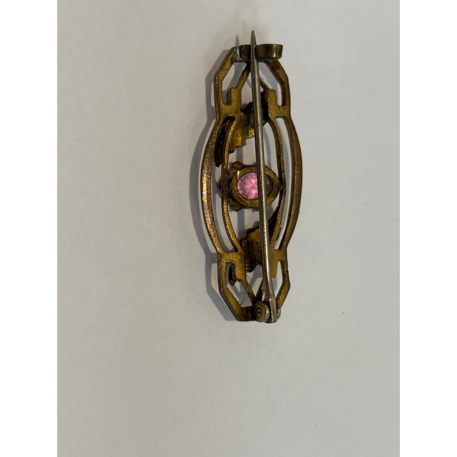Antique Brooch Pin Gold Wash Pink Glass