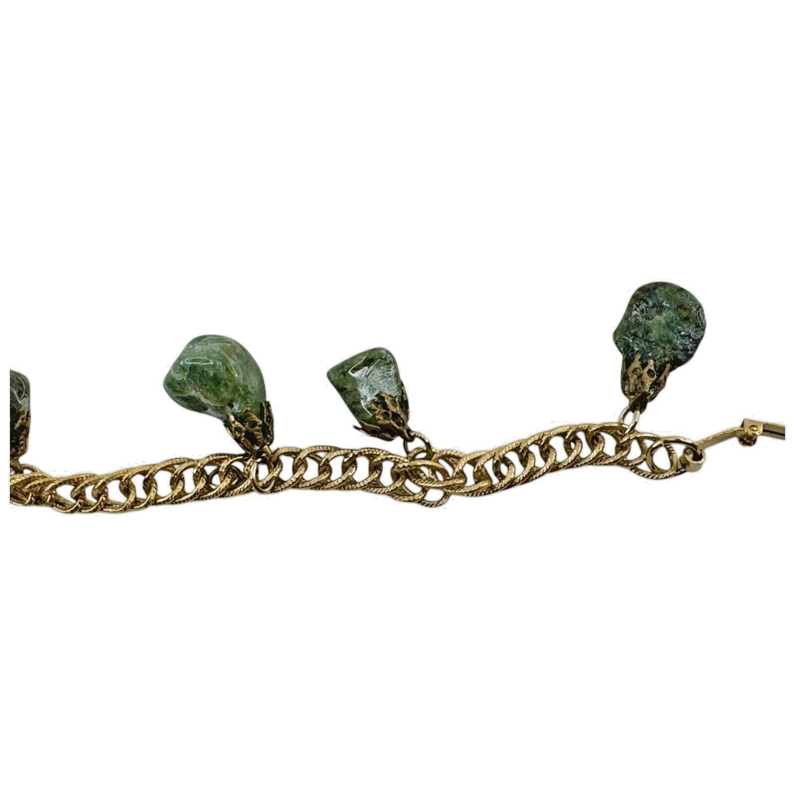 Vintage Epidote Polished Jadeite Stone Womens Chain Bracelet Green Gold Tone