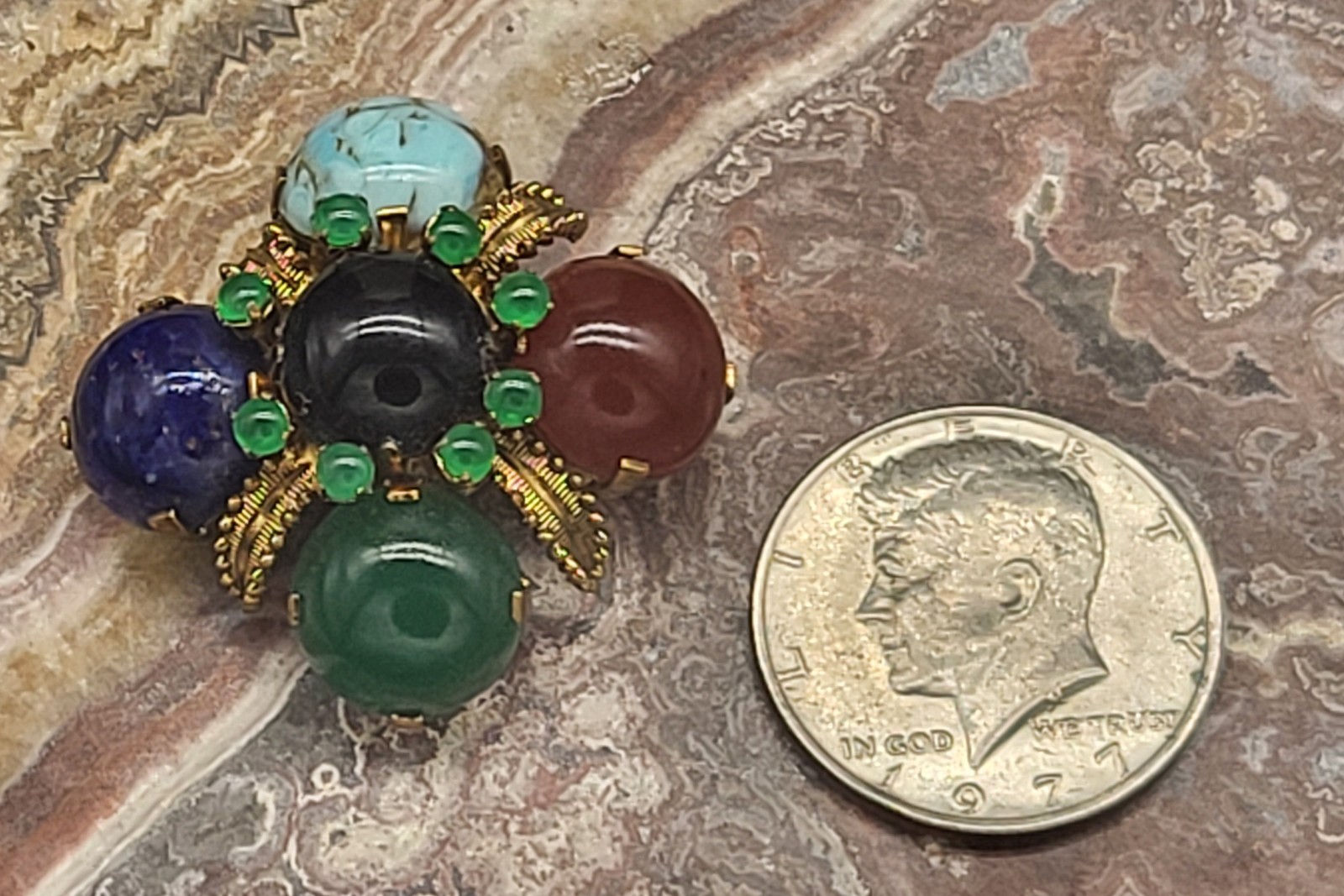 Vintage Austrian stone cabochon and crystal pin, Victorian style, Austria