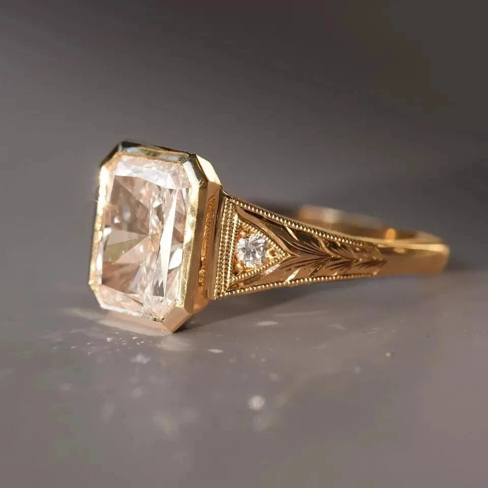 Art Deco Style Radiant Cut Lab Created Diamond 14K Yellow Gold FN Wedding Ring