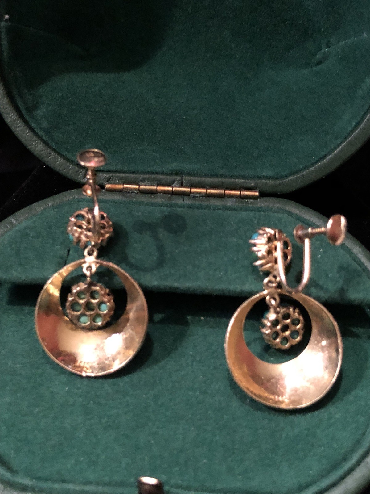 Antique C.1920 Art Deco 14k Gold Persian Turquoise Clip On Dangle Earrings