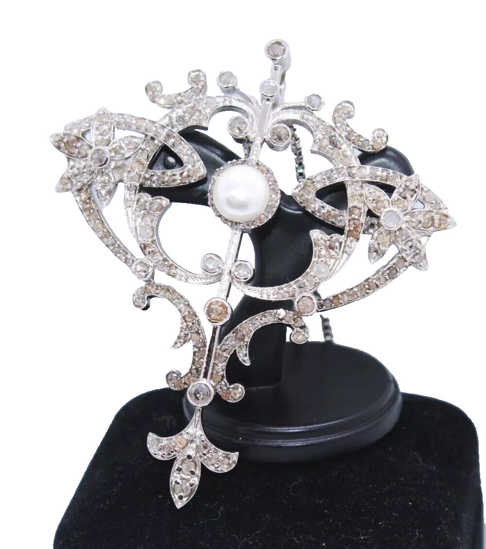 4.16ct Rose Cut Diamond Victorian Look Pearl 925 Silver Brooch And Necklace