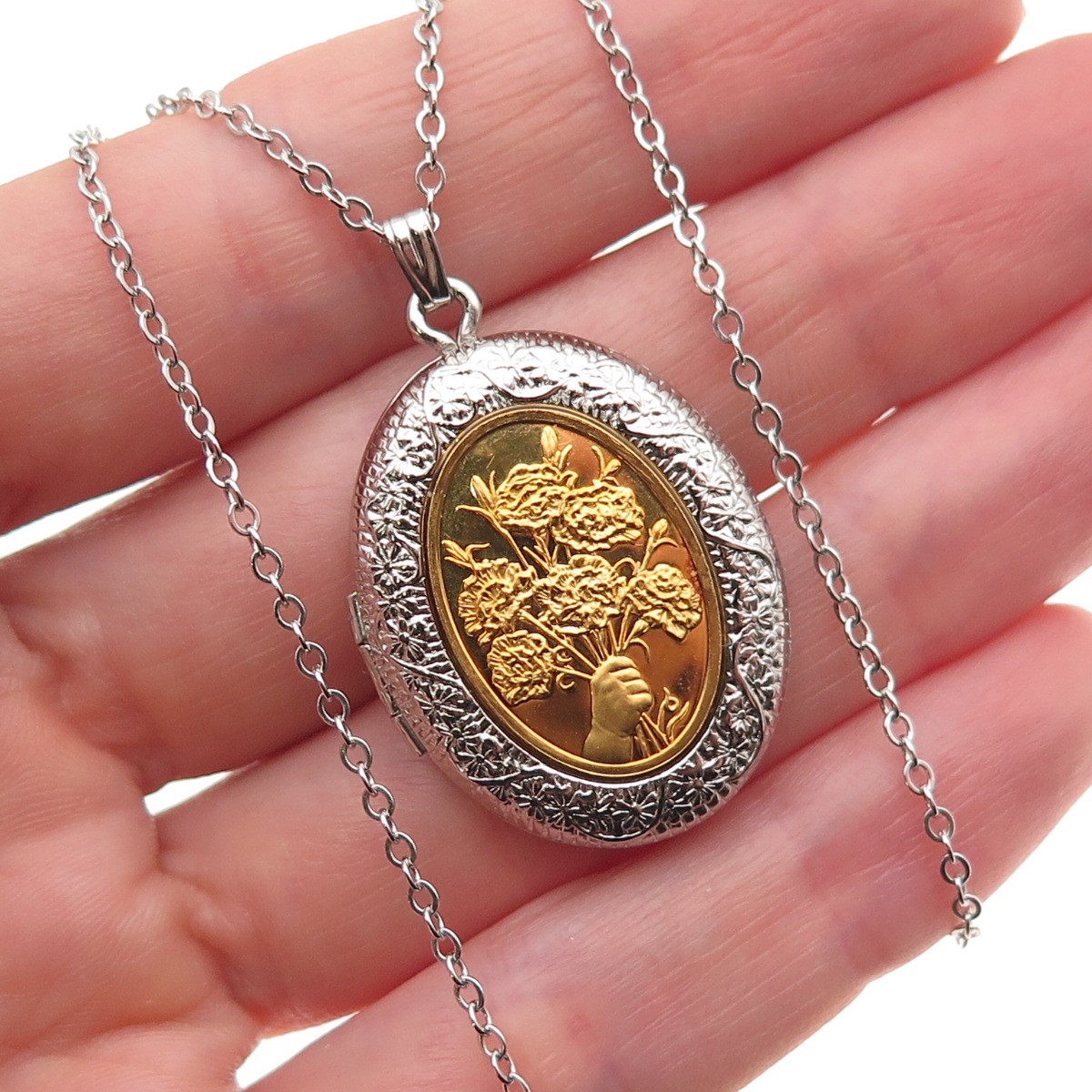 Franklin Mint 925 Sterling 2-Tone Vintage 1978 Flower Locket Chain Necklace 18″