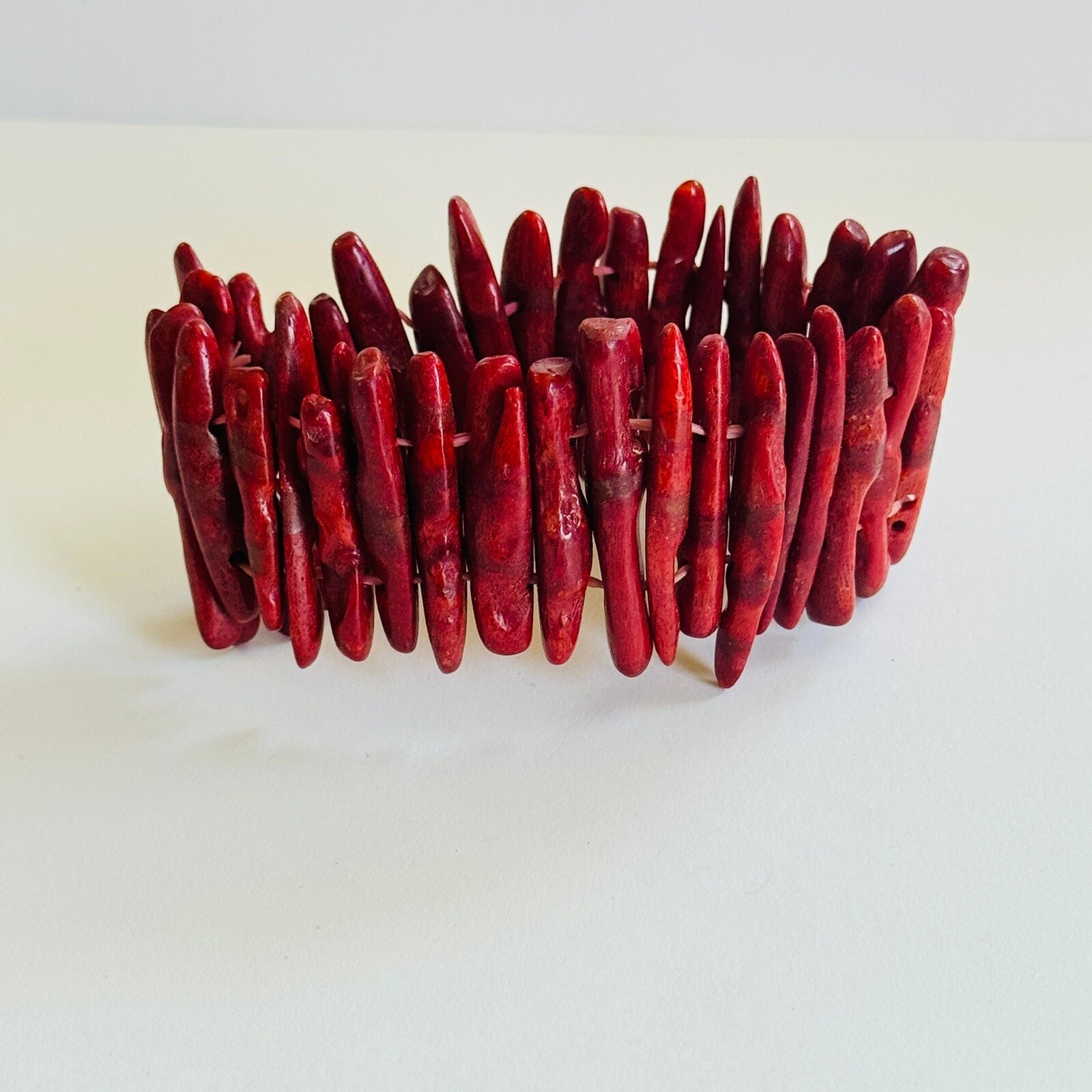 VTG Red Sponge Coral branch beads Stretch Bracelet Genuine Chunky BOHO Statement