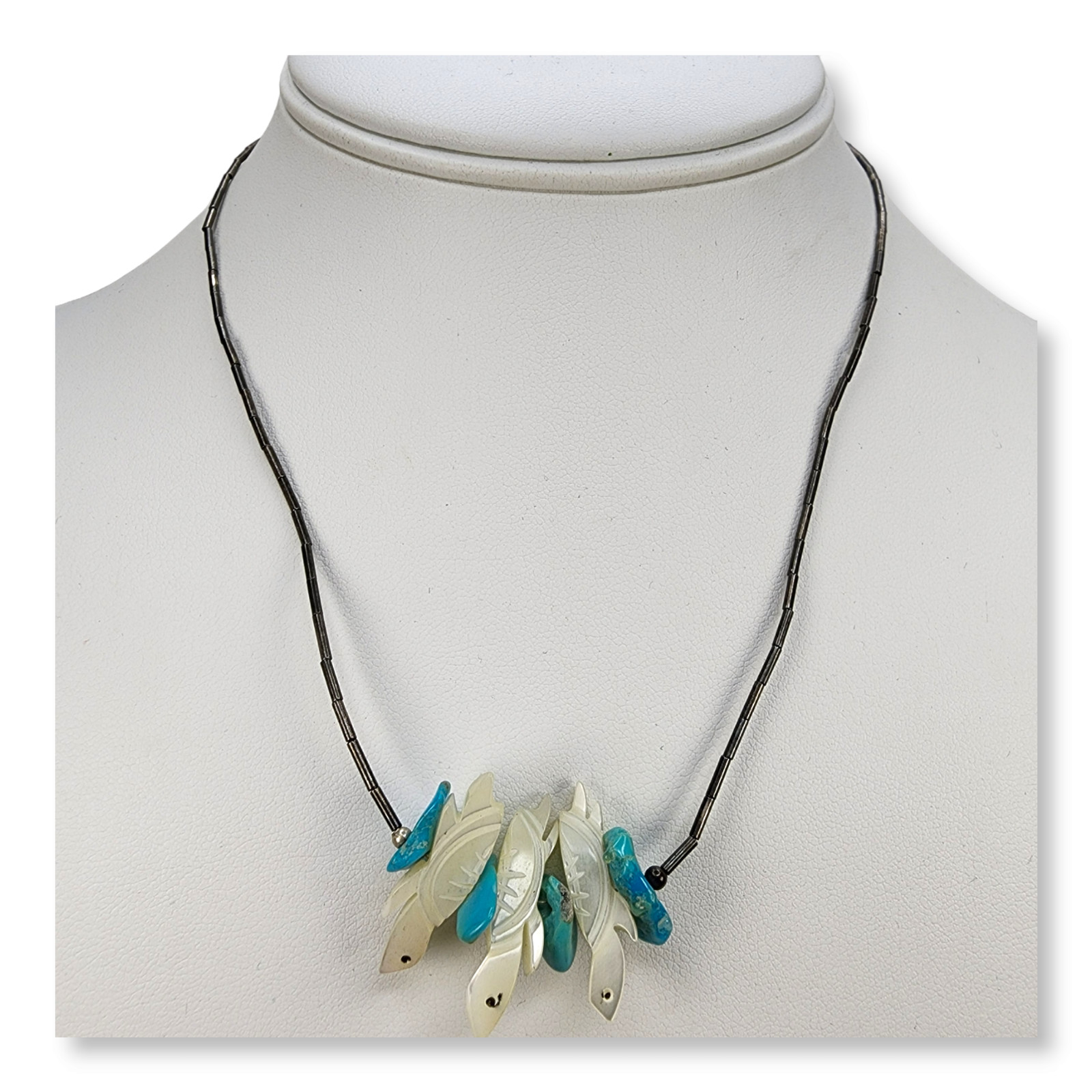 Vintage Sterling Silver 925 Liquid Silver Turquoise MOP Turtle Necklace 16.5 In