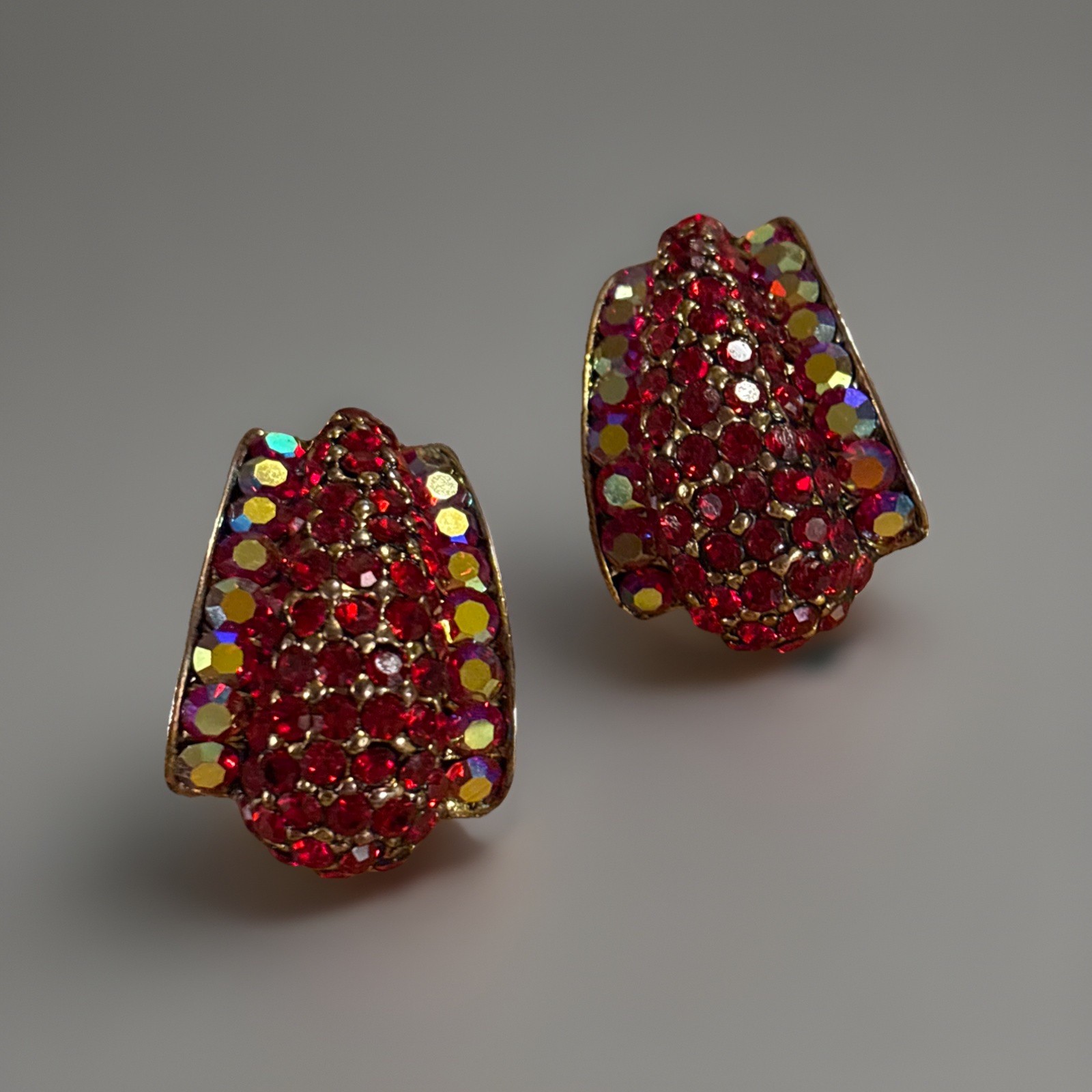 Vintage Red & Iridescent Rhinestone Clip Earrings Gold Tone