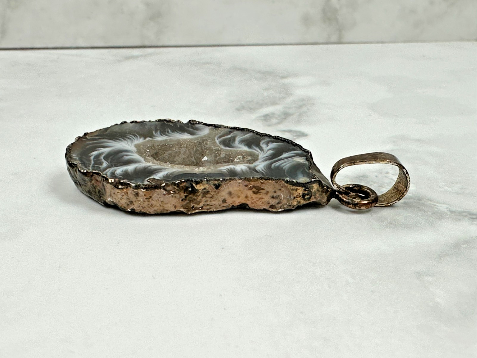 Natural Geode Druzy Pendant in Copper Ribbon Wrapping – 2″ Long