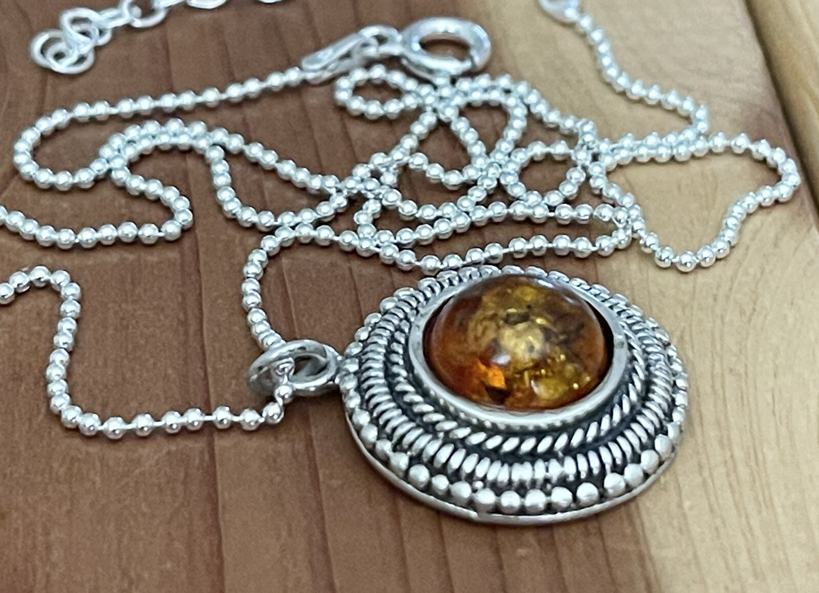 Vintage 925 Sterling Bali Beads, Honey Amber Round Pendant Necklace 16”-17.5” in