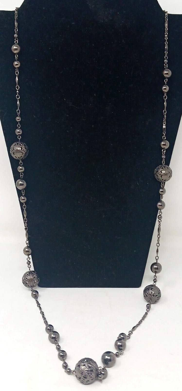 Express Gunmetal Tone Bar Link Ball Filagree Openwork Bead Station Necklace J8Db