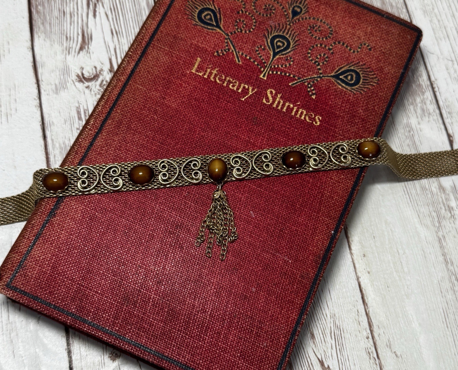 Vintage Victorian Revival Mesh Gold Choker Necklace Tigers Eye Cabochons Estate