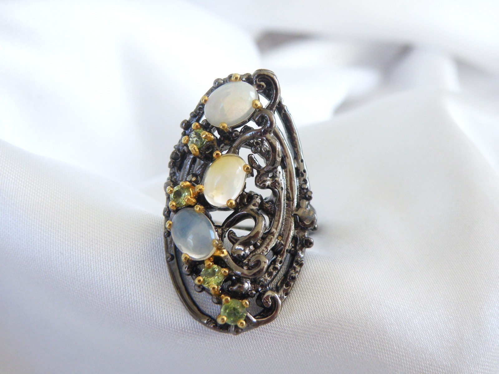 Brutalist Sterling Silver 925 Ethiopian Opal Peridot Modernist Ring Size 8