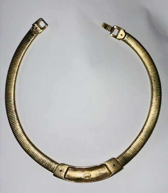 Vintage Trifari Gold Tone Choker with Jade and Black Accent; Signed