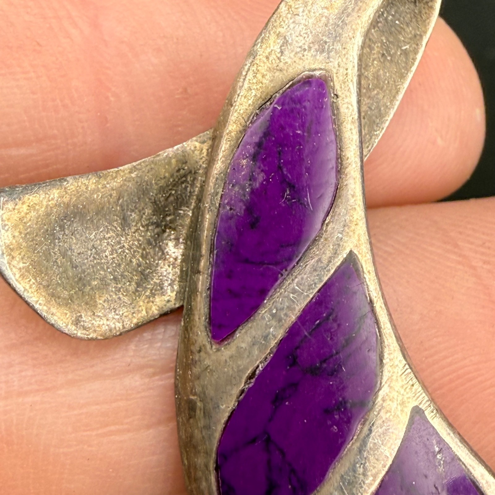 Vintage Sterling Silver Pendant Purple Polished Stone Inlay