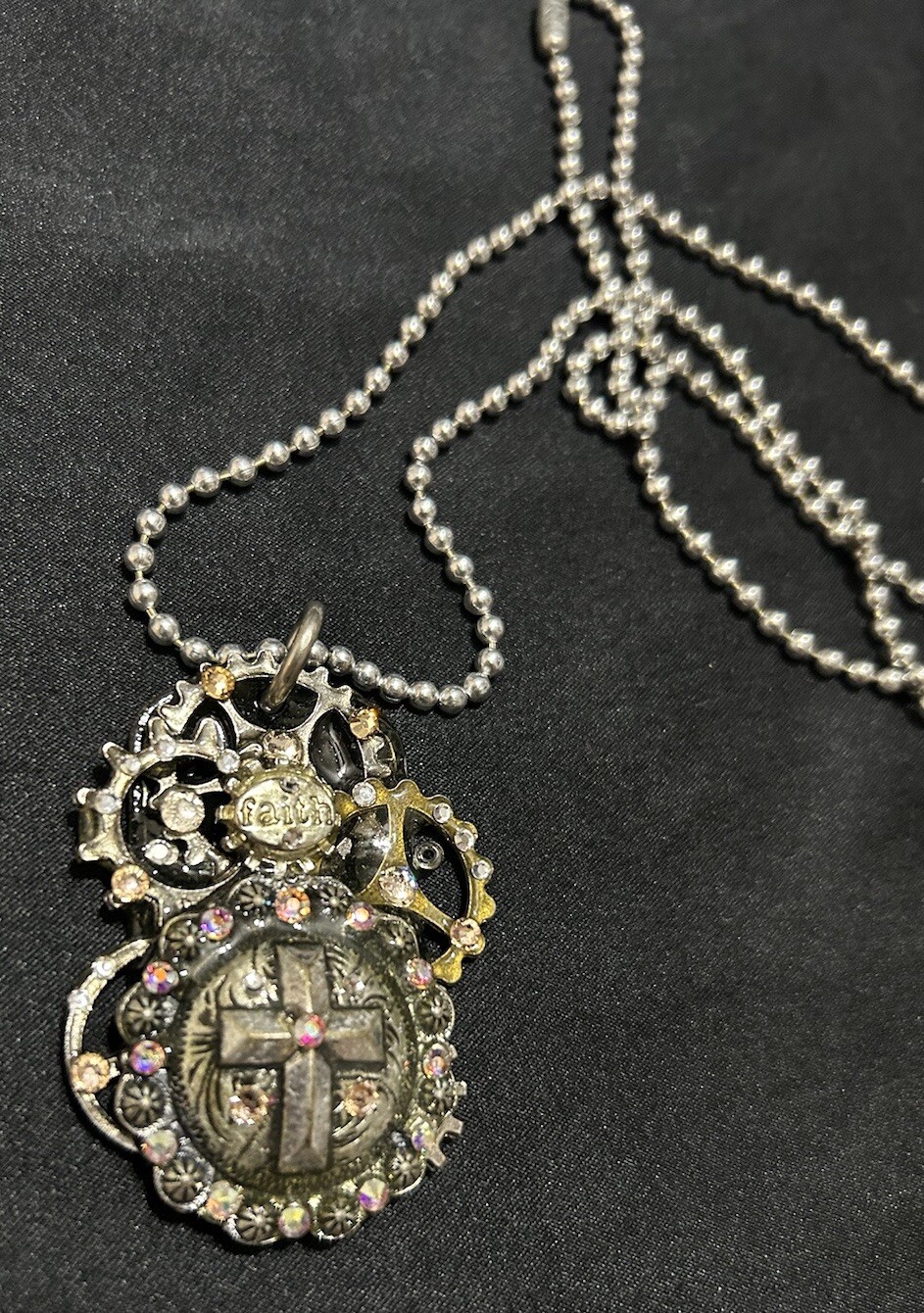 Vtg Faith Necklace Statement Pendant 14” Drop Rhinestones Handmade Brutalist