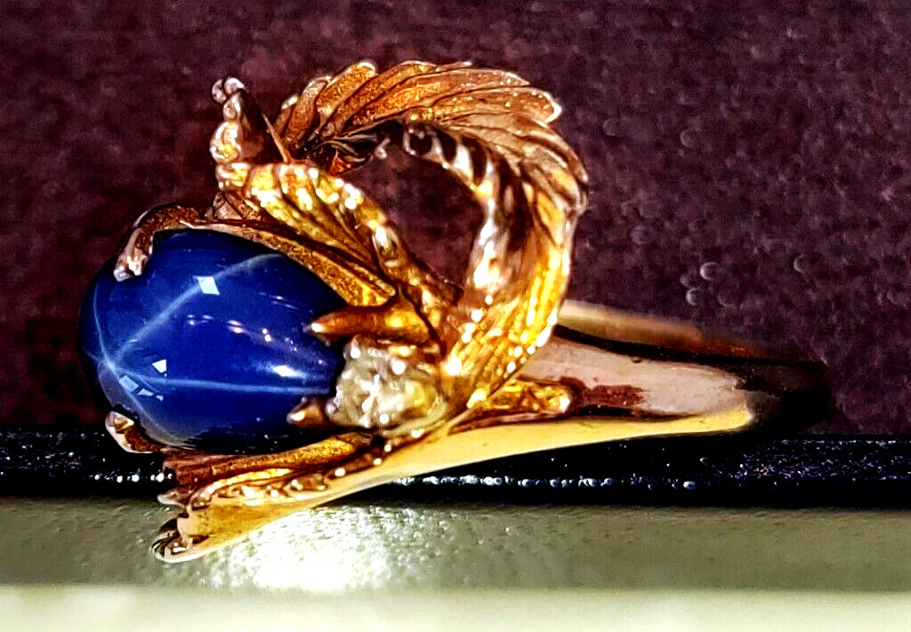 VINTAGE 14K GOLD BLUE STAR SAPPHIRE CABOCHON DIAMOND RING STUNNING!