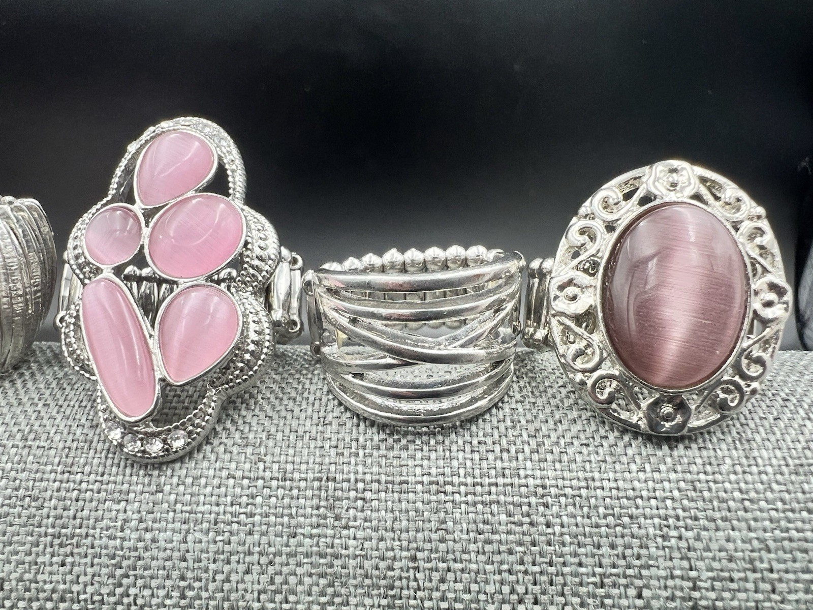 5 Vtg to Modern SilverTone Stretch Band Ring Lot Pink Purple Rhinestone One Size