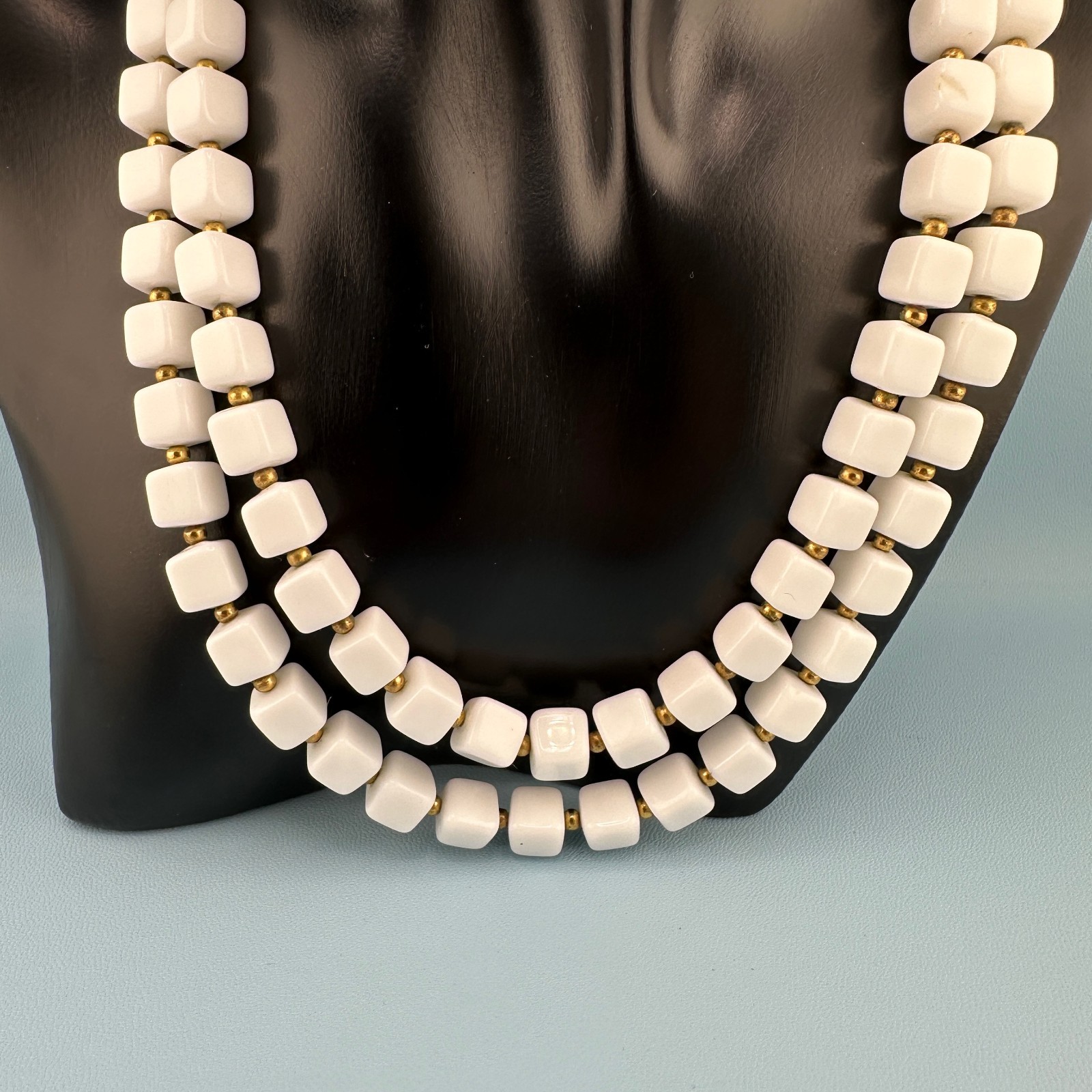 Vintage White Milk Glass Necklace Double Strand Square Shape Bead Retro Mod 18″