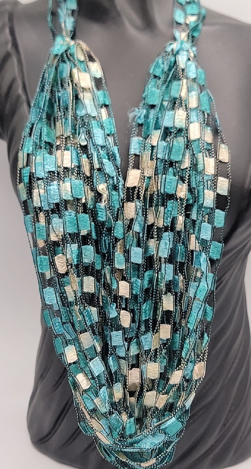 Scarf Ribbon Necklace Turquoise White Block Pattern 24″ Necklace VTG