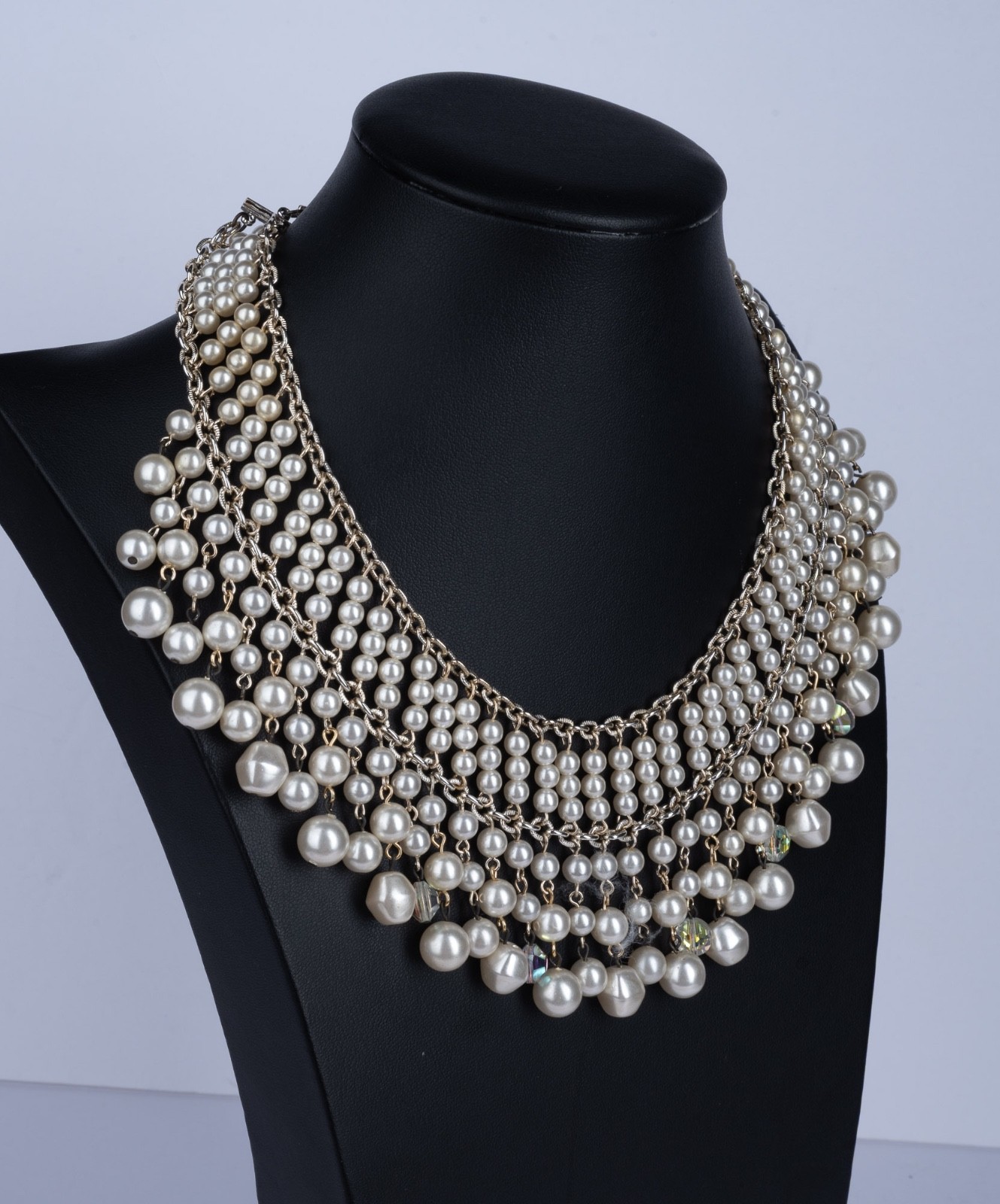 Vintage Faux Pearl Bib Collar Necklace Beaded Fringe Crystal Accents 17″