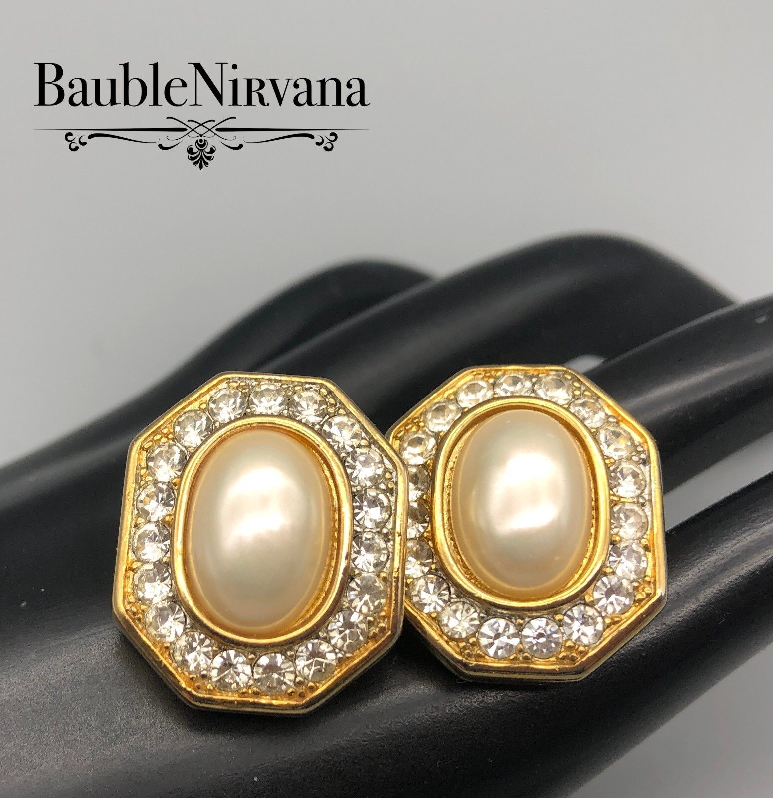 Vintage 1980s TAT Crystal Shimmering Faux Pearl & Yellow Gold Plated Earrings