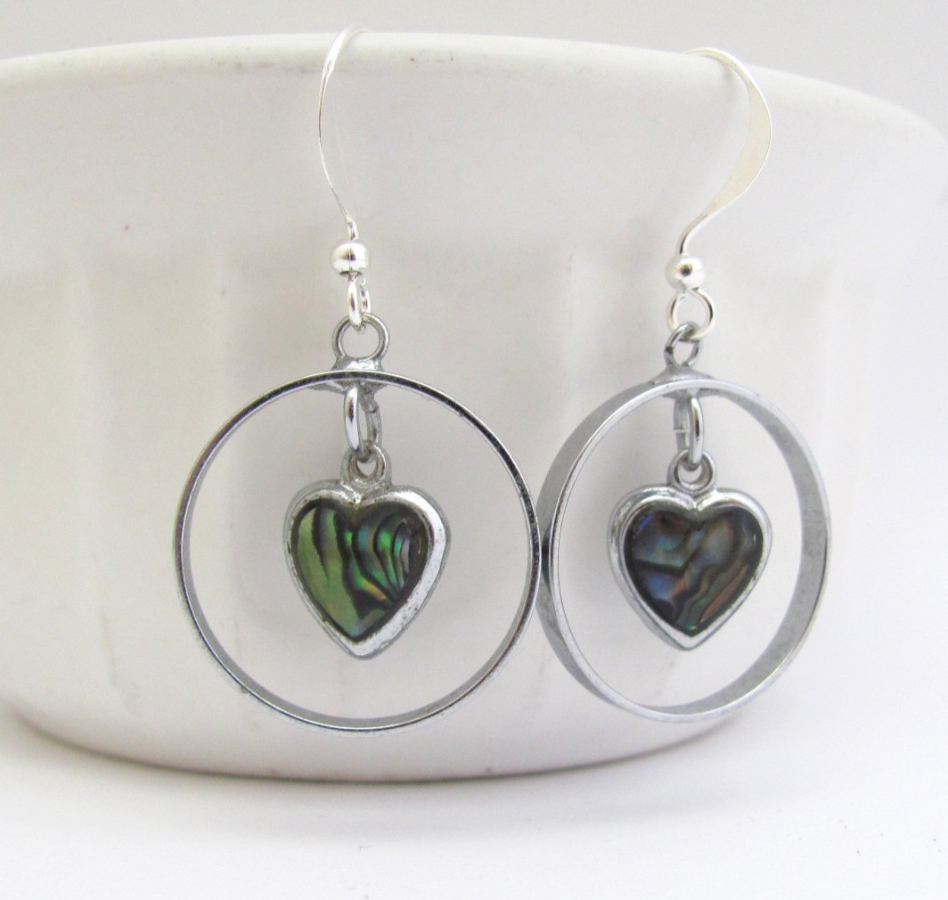 Vintage Heart Earrings Abalone Paua Shell Hoops Silver Plate Boho Love Jewelry