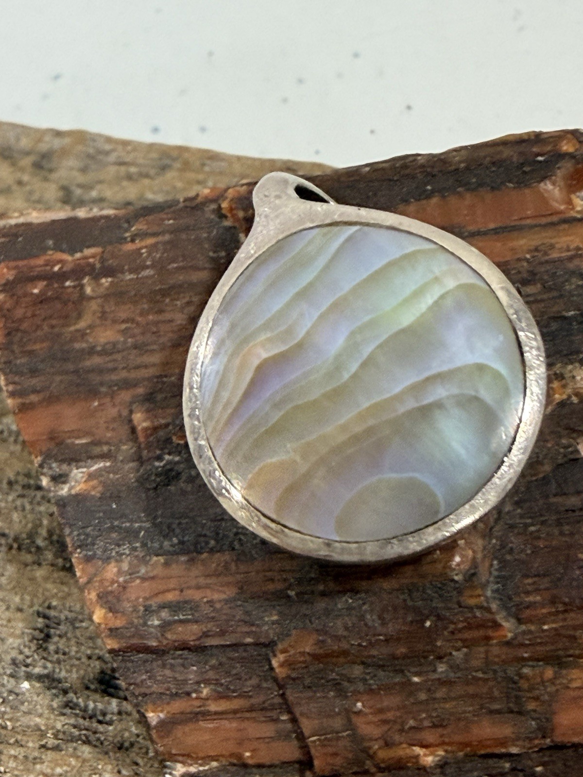 Vintage Sterling Silver Iridescent Abalone Paua Shell New Zealand Boho Pendant