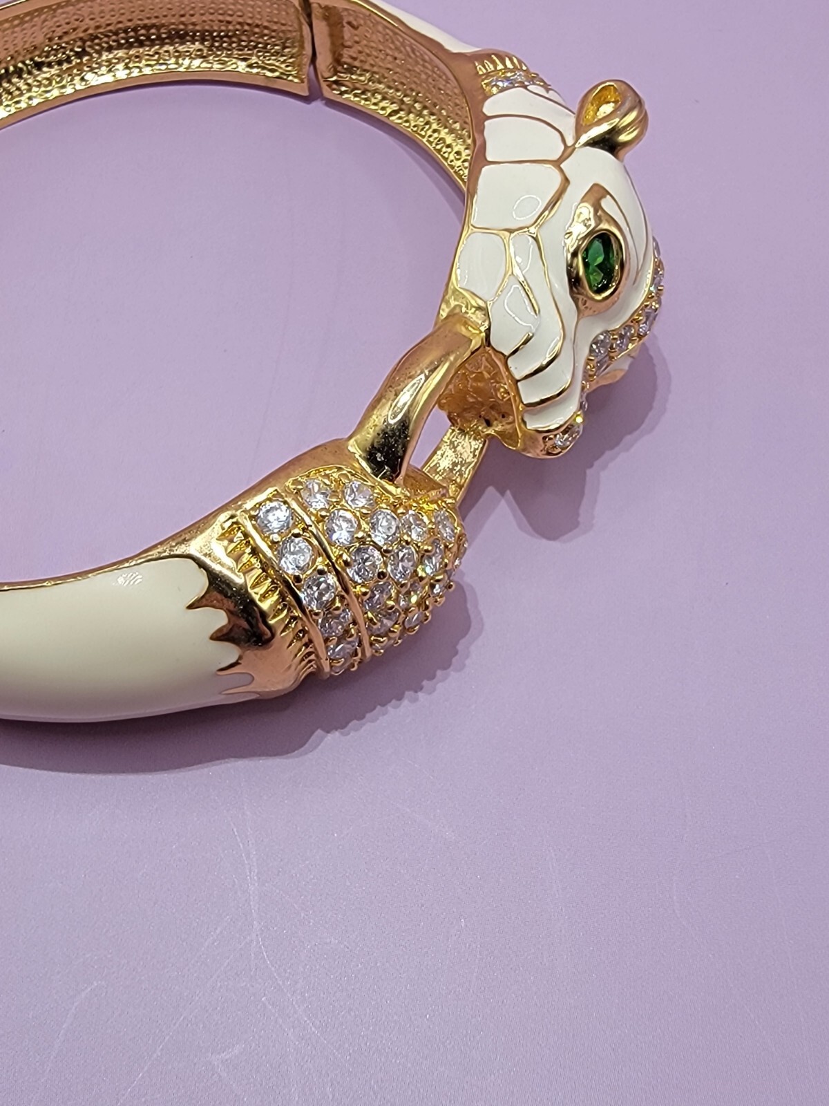 Vintage NOIR Ivory Enamel and Gold Tone PANTHER Head Clamper Bracelet