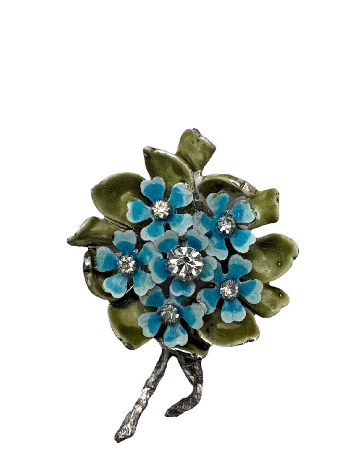 Vintage Coro Green Blue Enamel Rhinestone Flower Forget Me Not Pin Brooch Signed